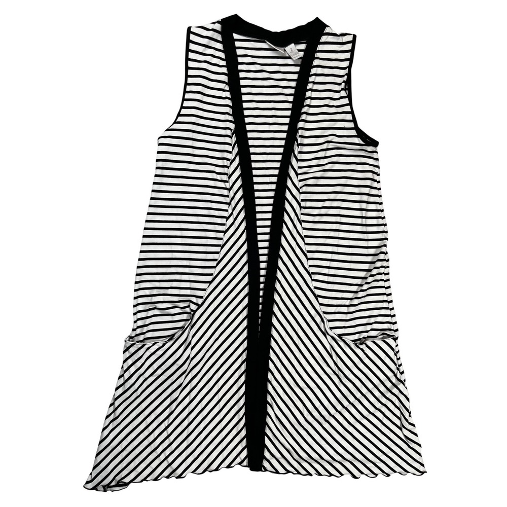 Chico's Women's Striped Open Front Vest Sz 2 (US 12) Black White Pockets Casual